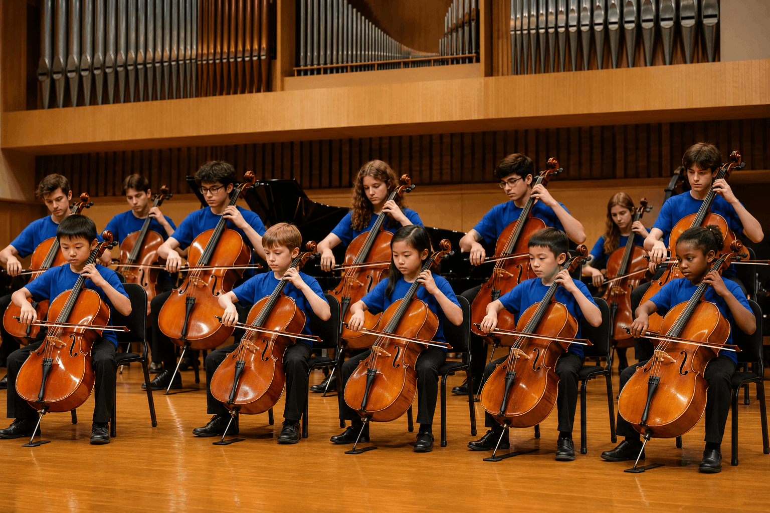 Cello students in a concert hall